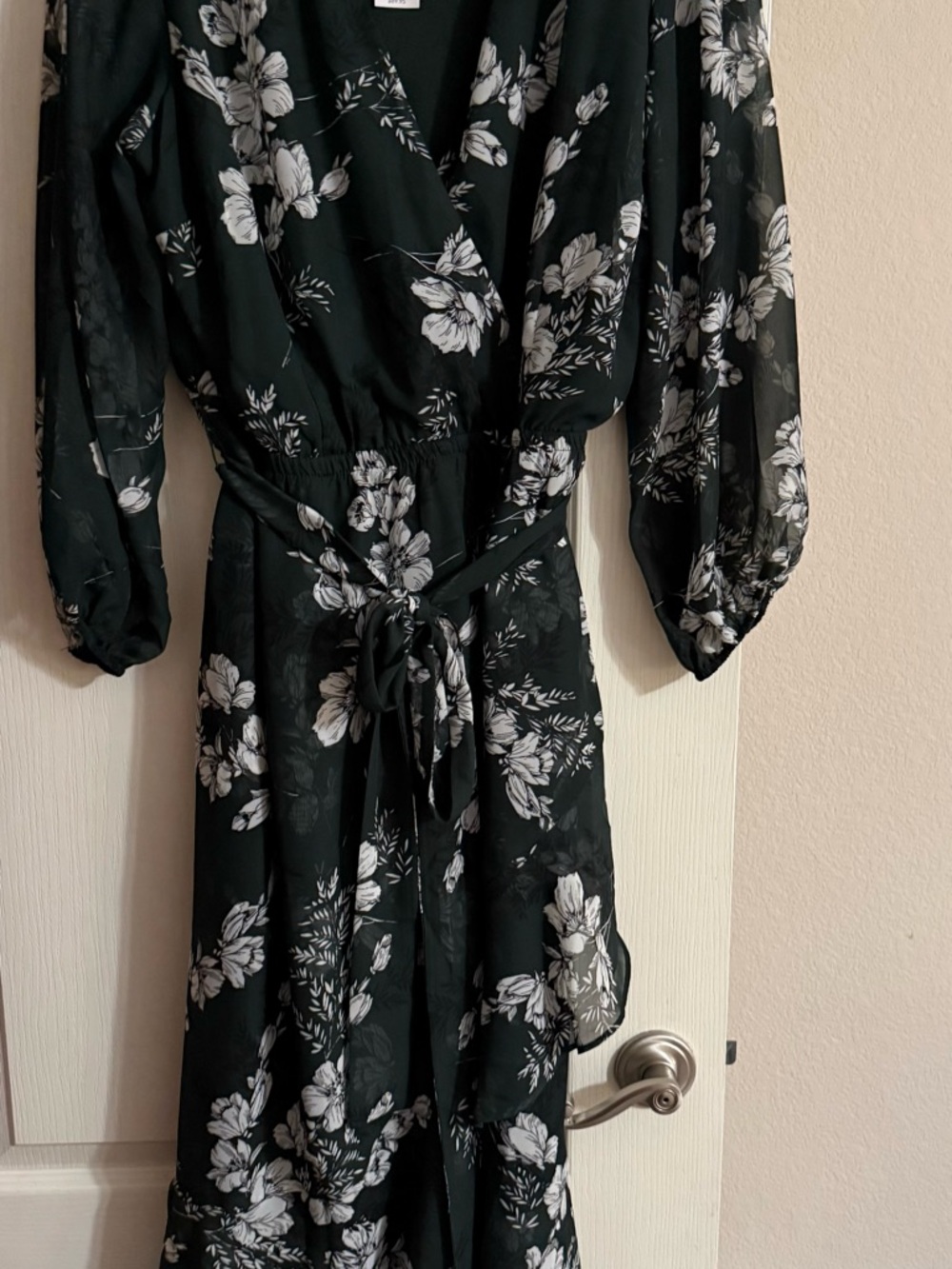 Lane Bryant Green with Black & Whiye Floral Wrap Dress with Sheer Sleeve - 16
